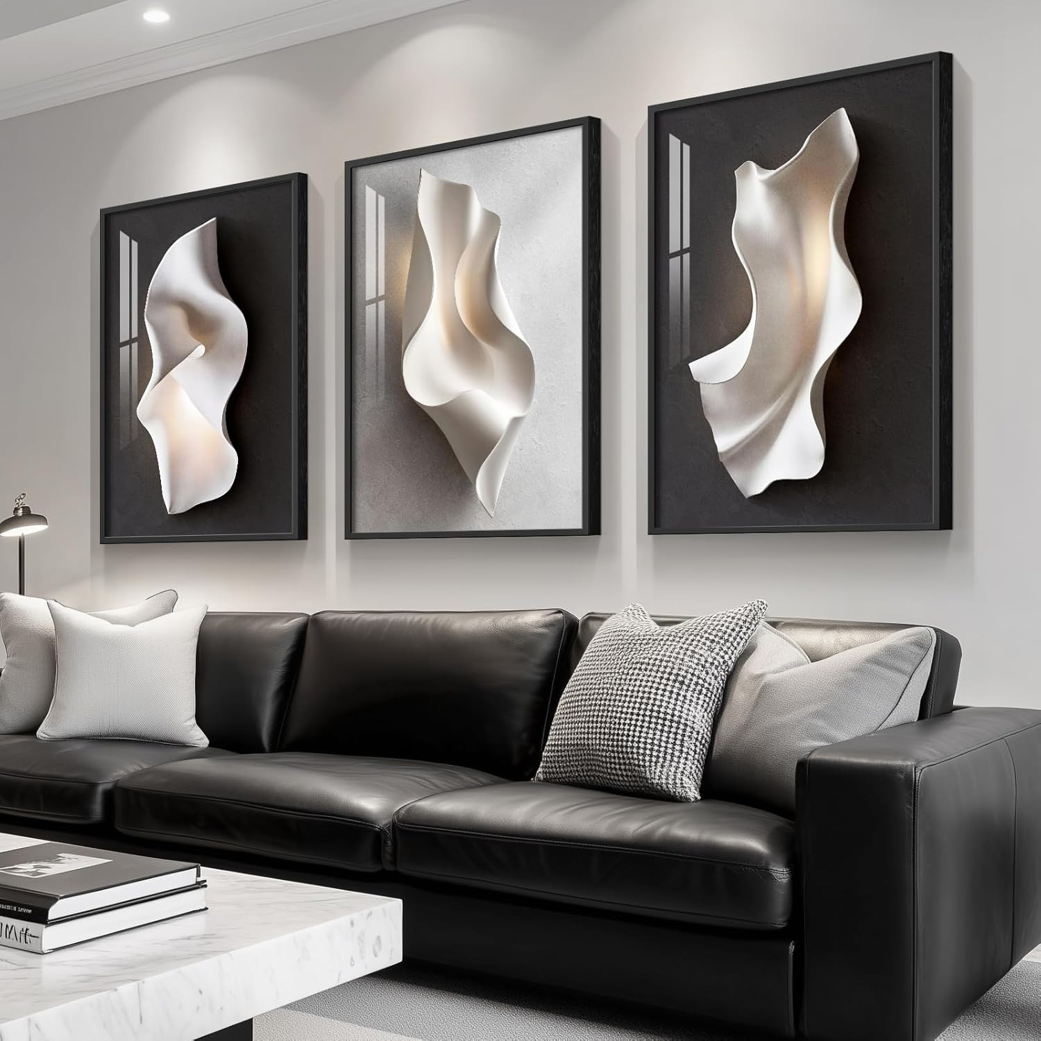 Framed Abstract Black and White Wall Art for Living Room, Large 3 Piece Modern B