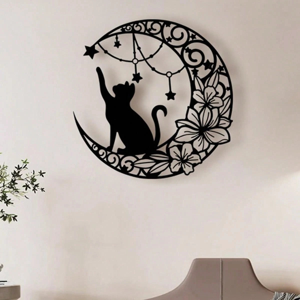 Metal Cat Wall Decor, Black Cat Wall Art,Cat Lover Gifts For Women,Metal Moon…
