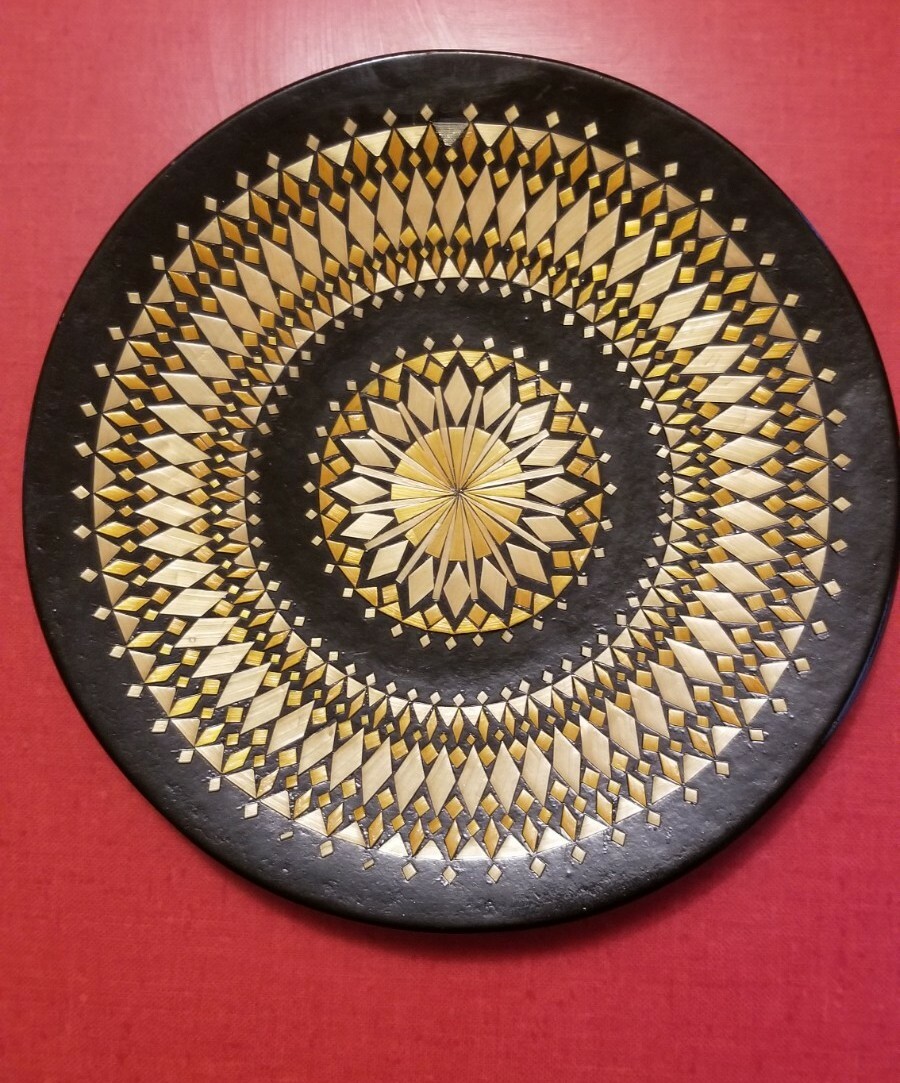 Russian Plate Ceramic Inlay Geometric Design 7.75 In Brown,Gold- repaired