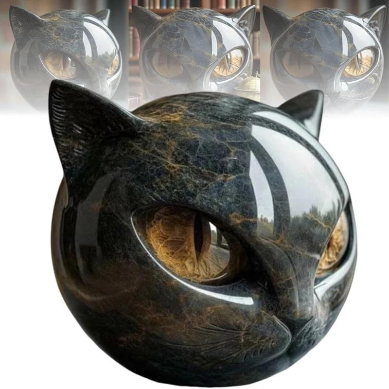 Luxury Black Cat Stone Sculpture Resin Office Desk Ornament Elegant Home Decor