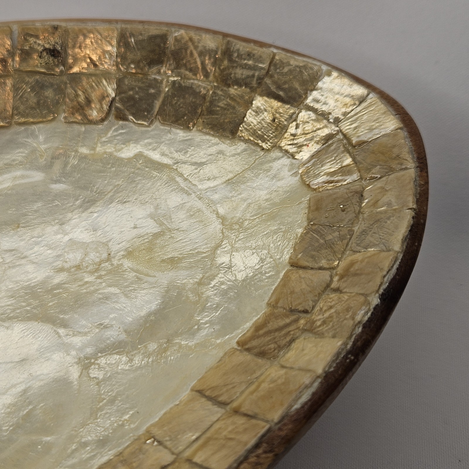 Capiz Shell Wood Console Bowl Center Piece 16″ x 6″ Oval Fruit Dish Nautical Sea