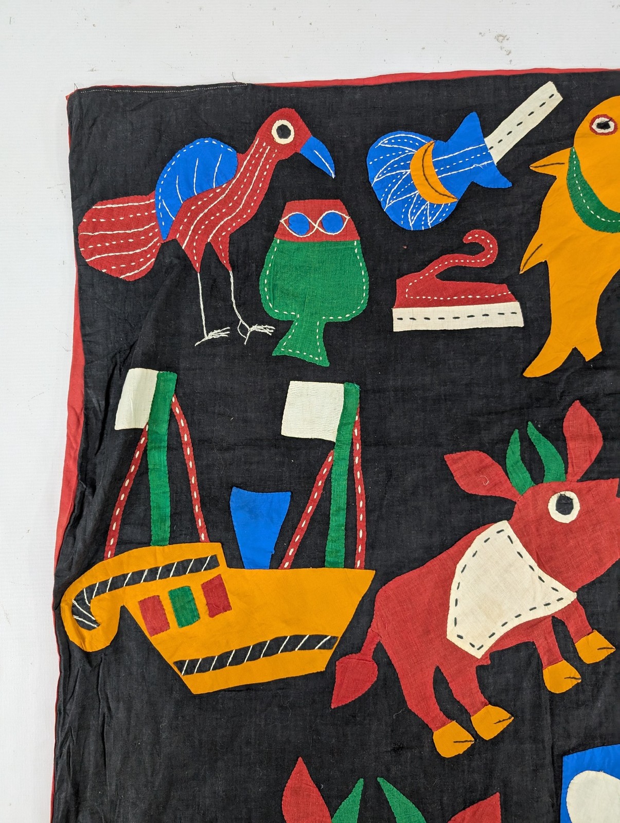 Vintage Beautiful Hand Sewn African Applique Pictorial Tapestry Textile 90x35in