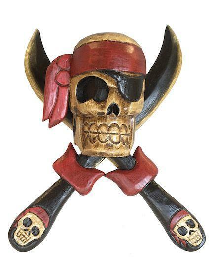 Wooden Pirate Skull Cross Knives Wall Decor 14×12″ Tiki Bar Man Cave Beach House