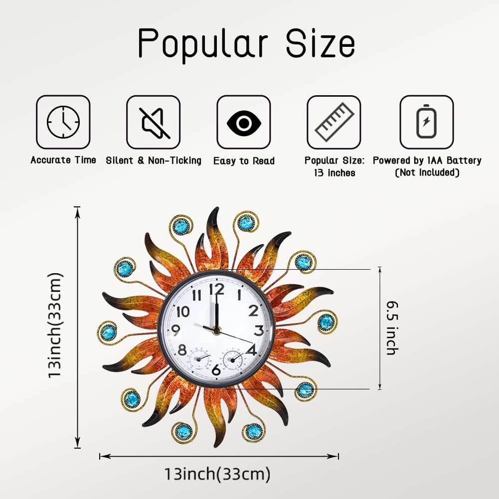 HOBYLUBY Sun Outdoor Clock with Thermometer and Hygrometer Large, Orange-sun