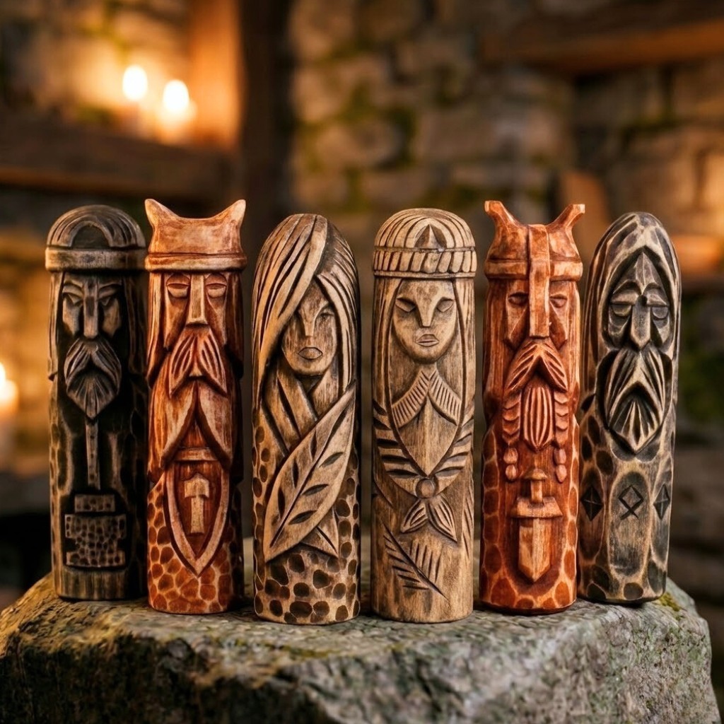 Set of 6 Wooden Scandinavian Gods – Mythology Figurines for Altar & Decor
