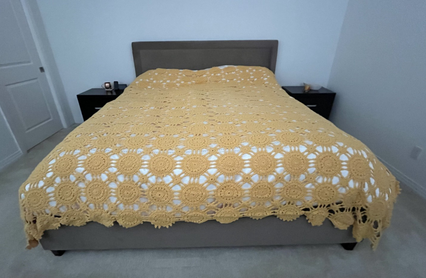 Vintage Handmade Yellow Crochet Knitted Yarn Blanket Pillow Case King 101×101 in