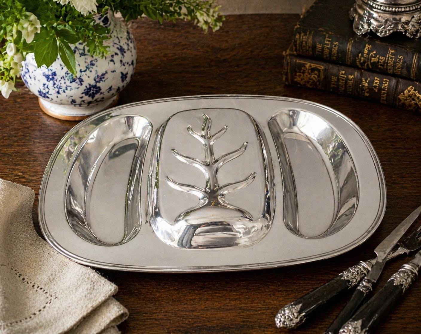 Coronet Silver on Copper Carving Tray Vintage Oval Roast Platter 18 Inch