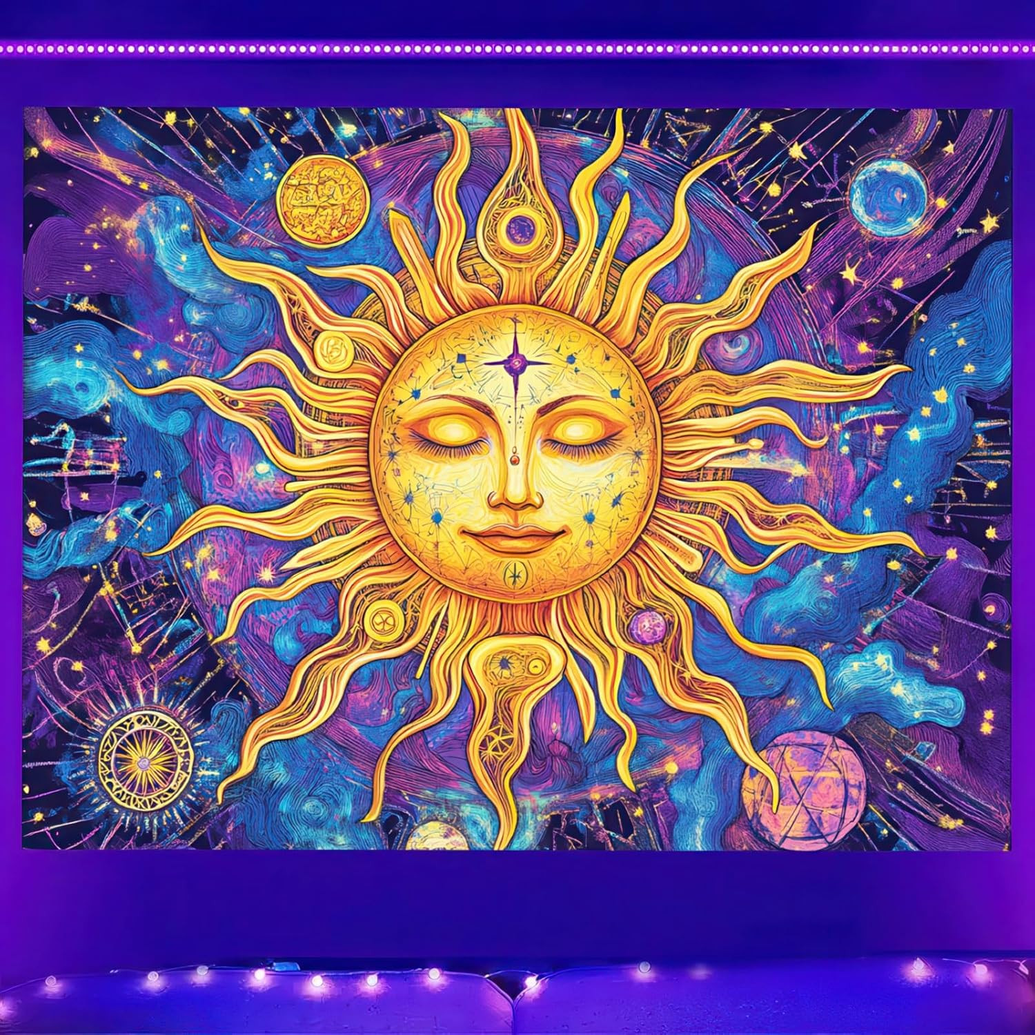 Blacklight Tapestry UV Reactive Sun God Face Backdrop 78X59 Glow in the Dark Tap