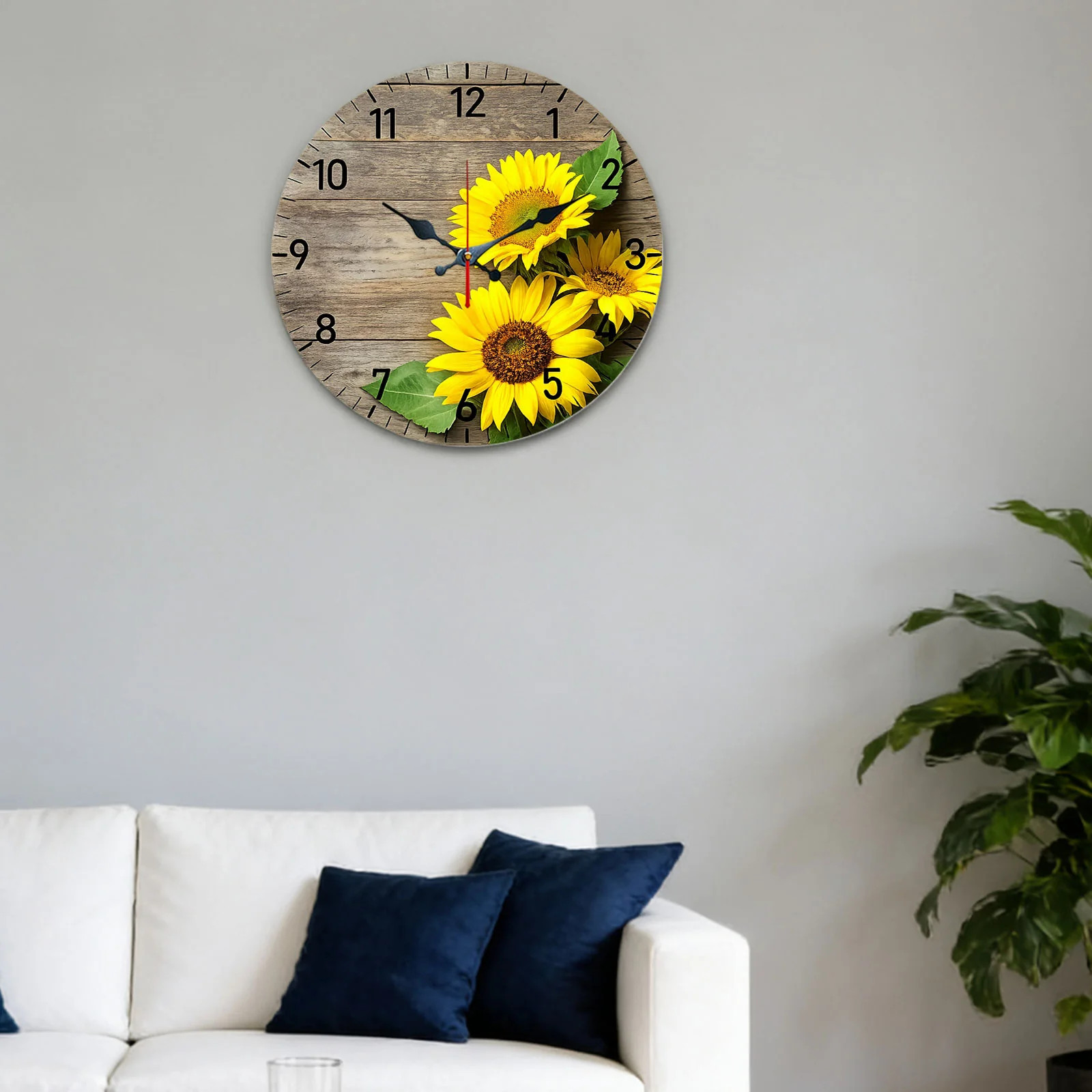 Sunflower Pattern Wooden Silent Wall Clock No Battery Holiday Home Decors