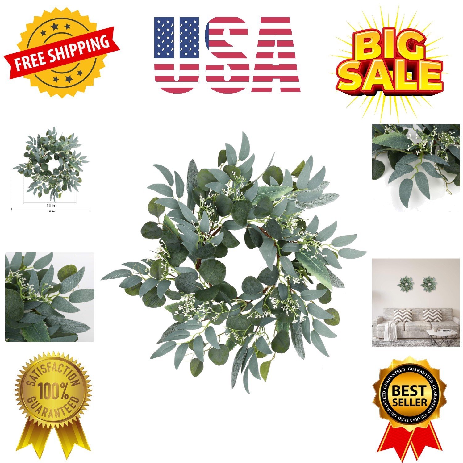 Artificial Green Eucalyptus Wreath,15 inches Greenery Wreath with Clusters of…