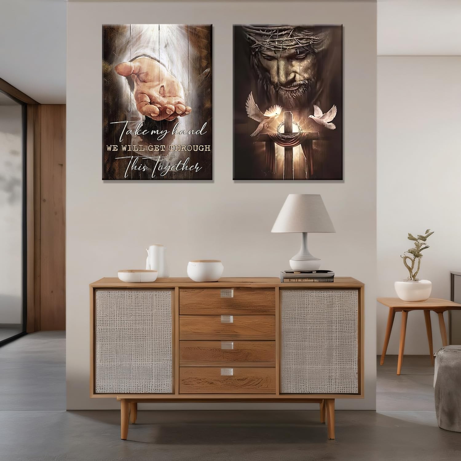 2Pcs Jesus Christian Wall Art – ‘Hand of God’ Bible Verse Canvas Decor 16x24in