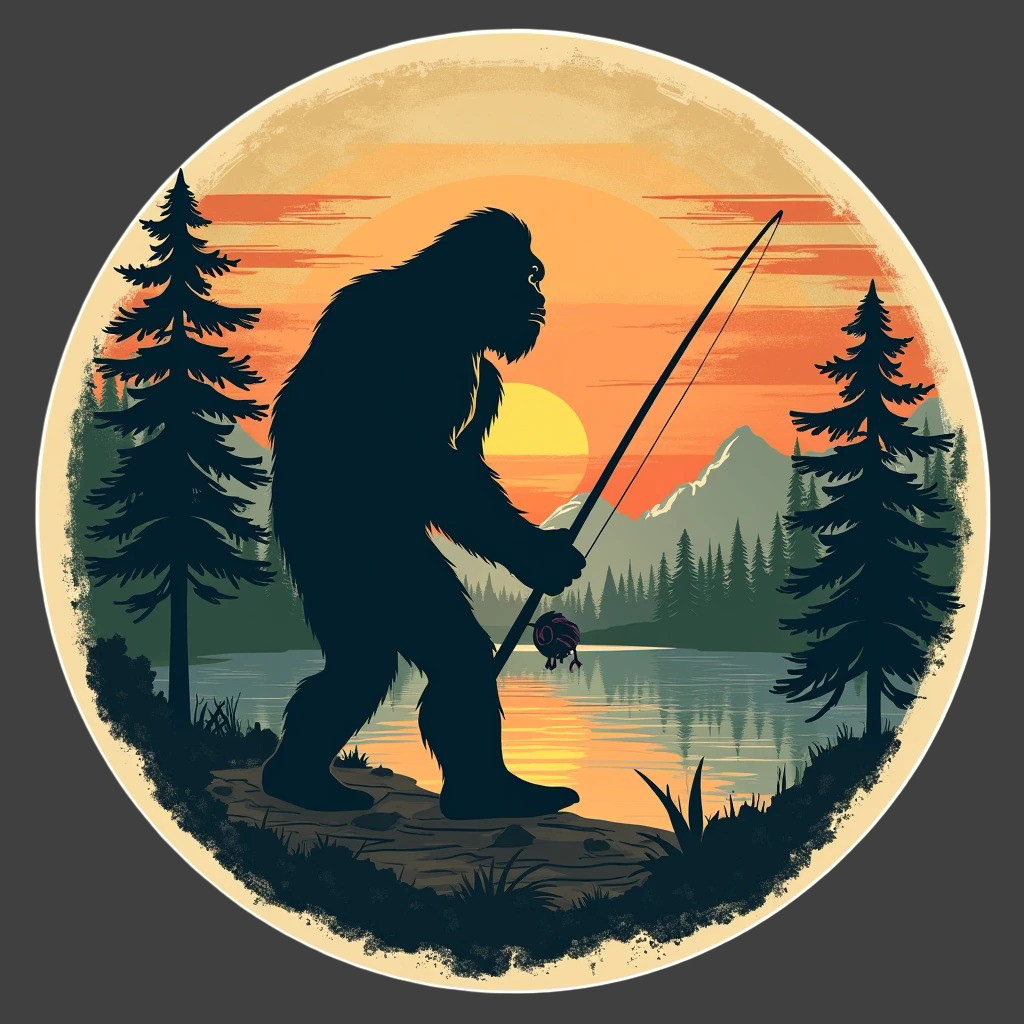 Bigfoot Sticker Vinyl Decal Fishing Sunset Lake Sasquatch Retro Nature