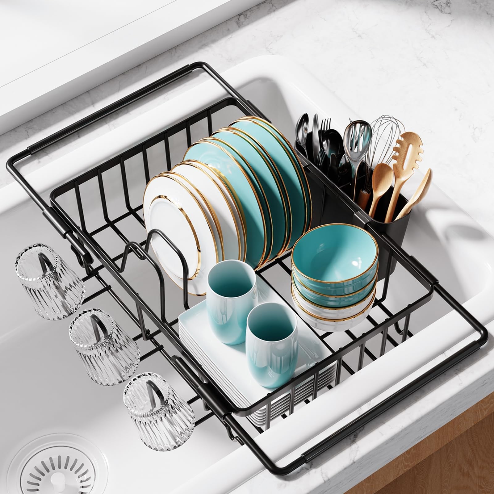 Sakugi Dish Drying Rack in Sink – Standard – 15.4″ × 9.8″ × 3″, Black