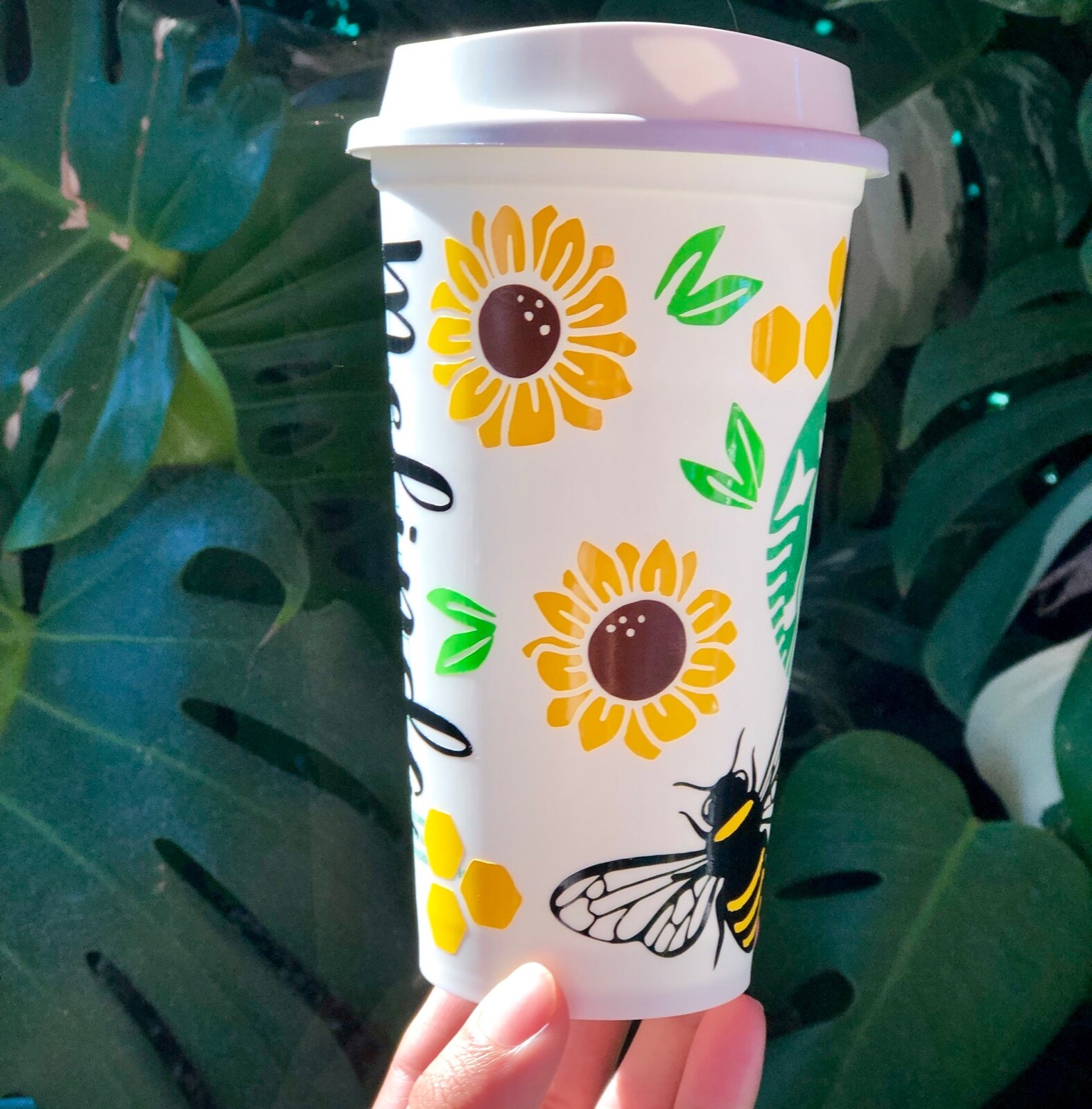 Sunflower and bee cup Starbucks grande hot cup Personalized gifts Customize