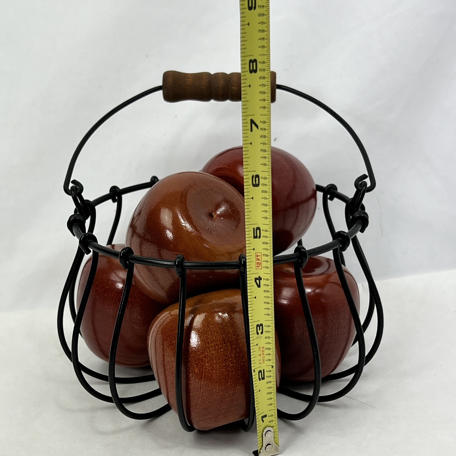 Set of 6 Decorative Wooden Apple no stem in a wired basket