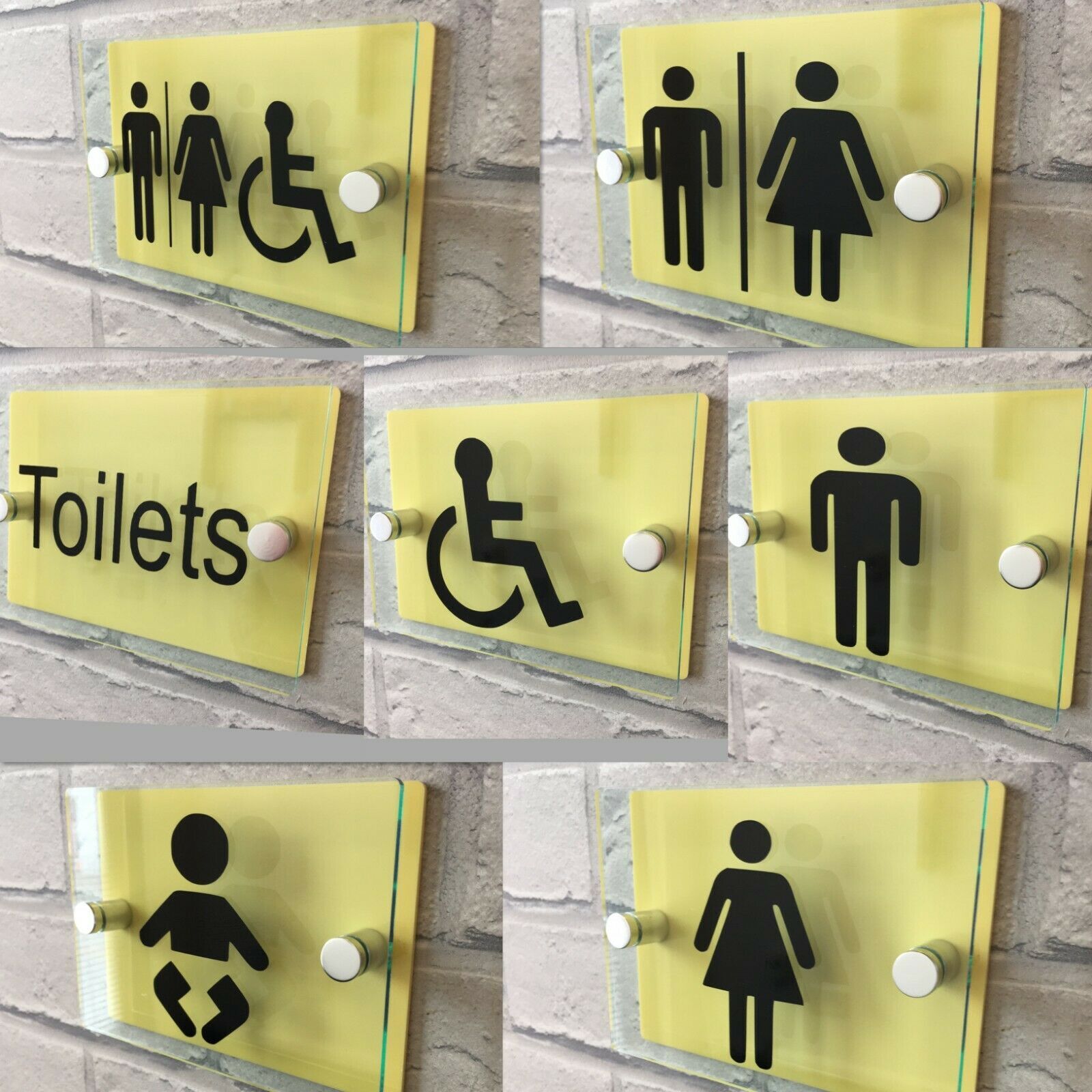 MODERN GLASS EFFECT ACRYLIC LIGHT YELLOW TOILET SIGNS UNISEX/MALE/FEMALE/BABY