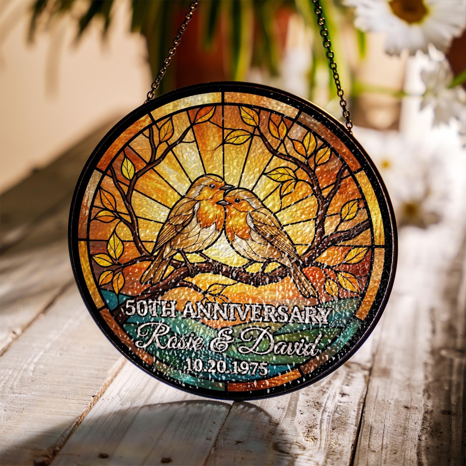 Personalized 50th Golden Anniversary Stained Glass Suncatcher Gift For Parents