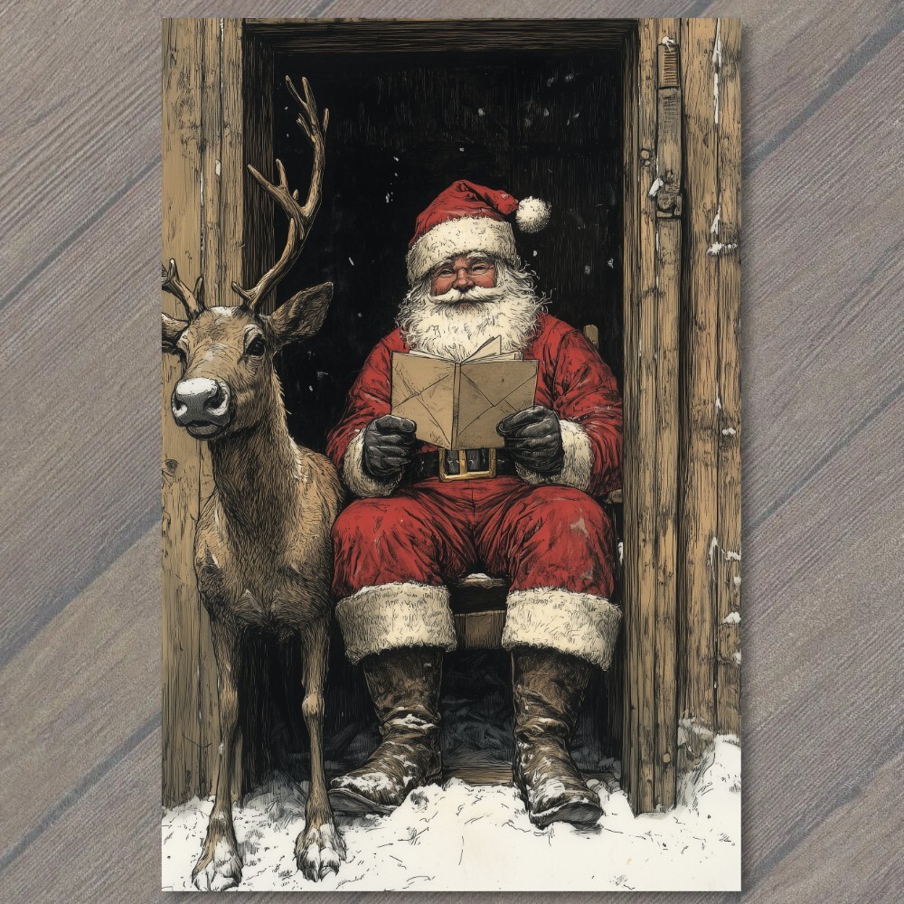 Art Print Santa Claus Reading Letter Outhouse Reindeer Outside Cabin Snow Winter