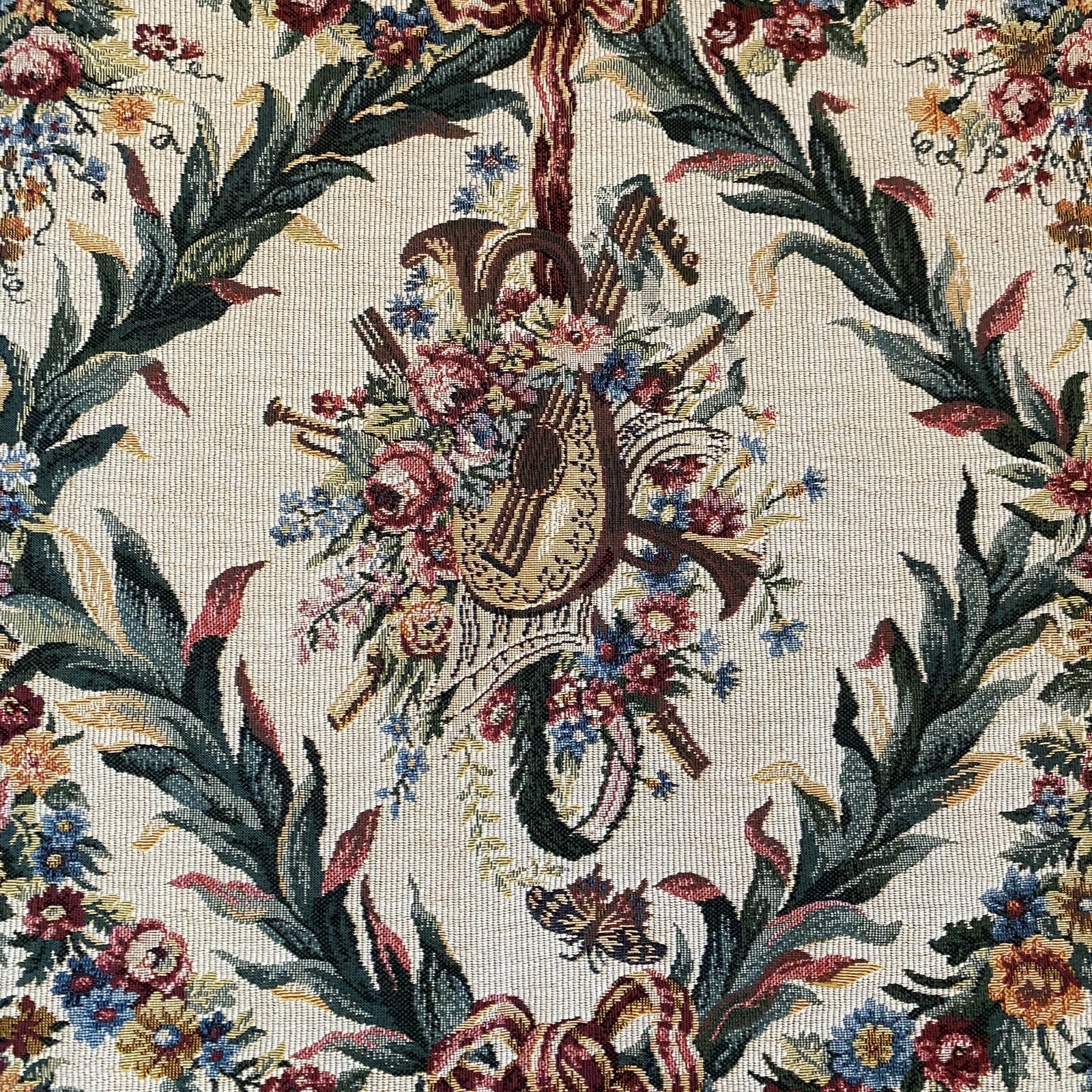 French Tapestry D’Halluin Fringe Border Musical Instruments & Floral Pattern 53”