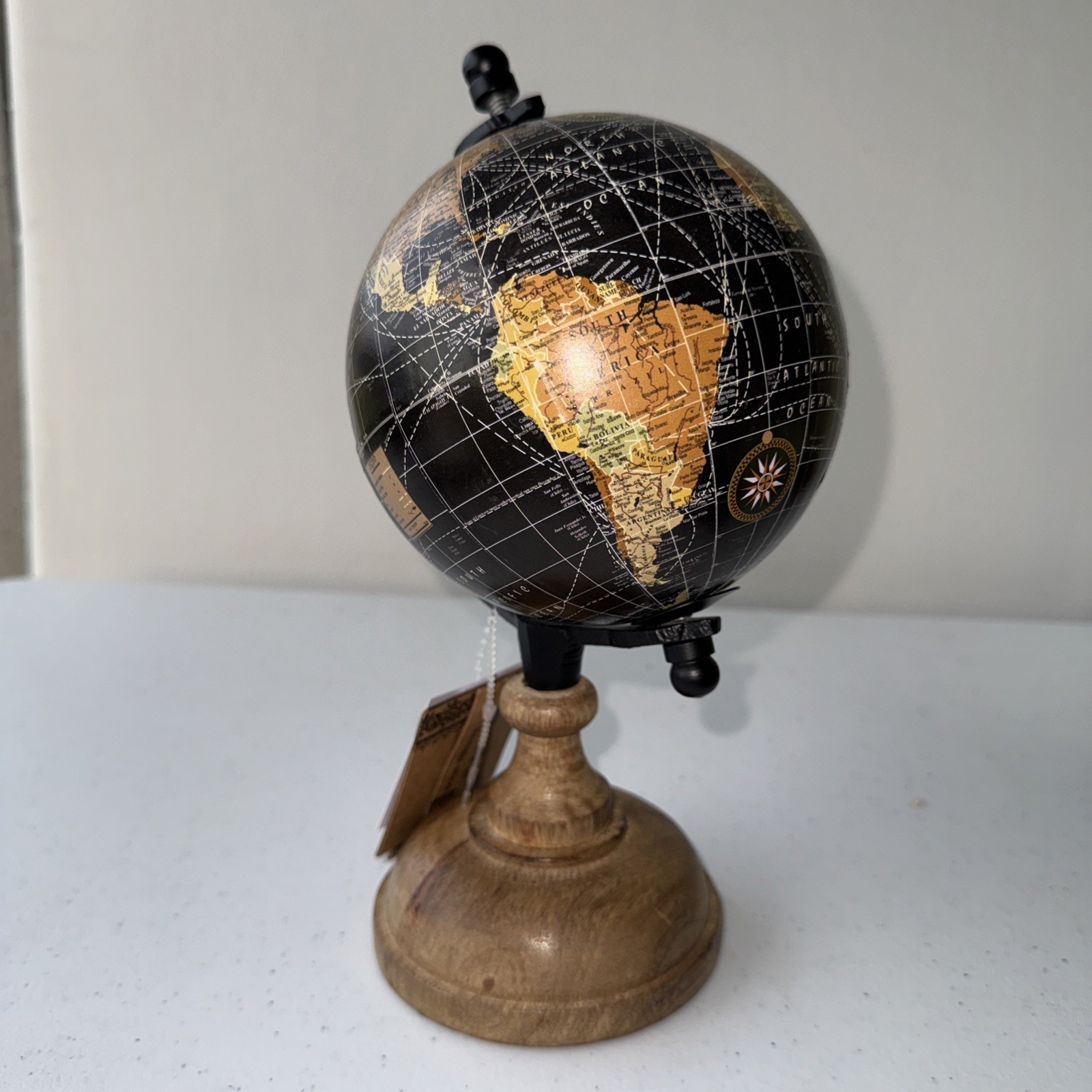 Decorative Tabletop Rotating Globe Black Beige with Wooden Base New