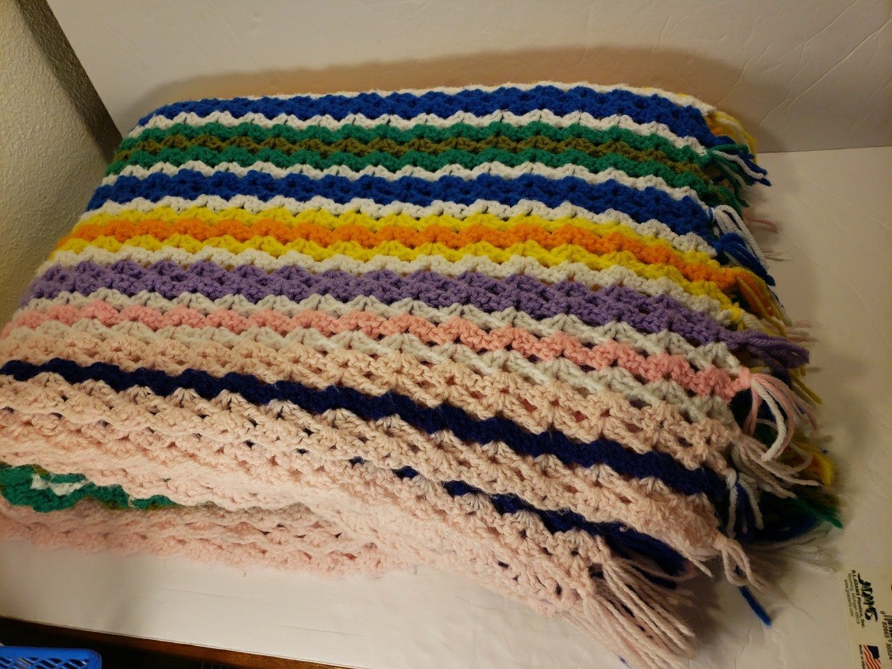 Vtg Granny Stripe Pastel Crochet Knit Afghan Throw Blanket Multicolor 60”x 78”