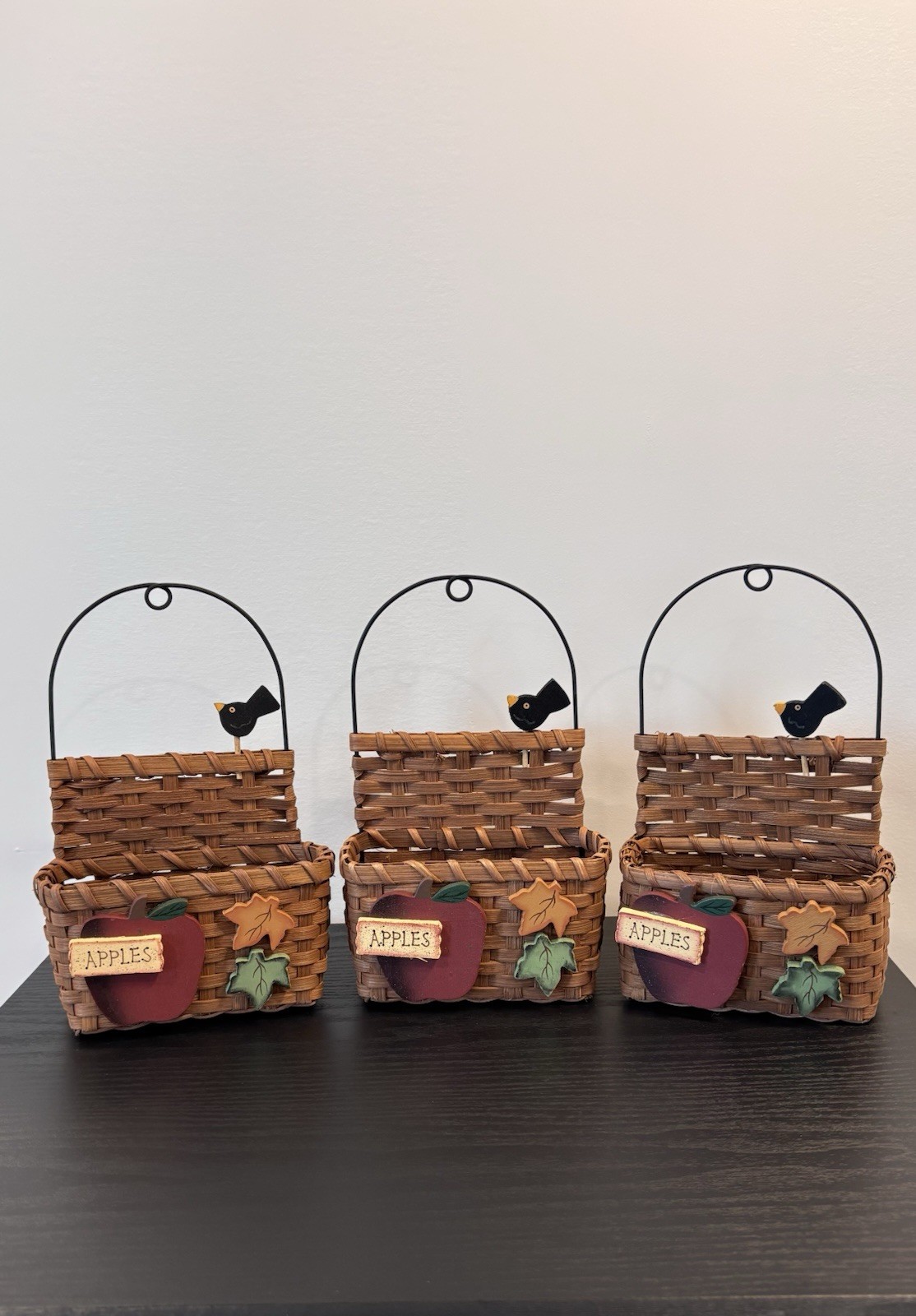 3 Vintage Wall Basket Set Apple Bird Kitchen Decor Wicker Woven Farmhouse