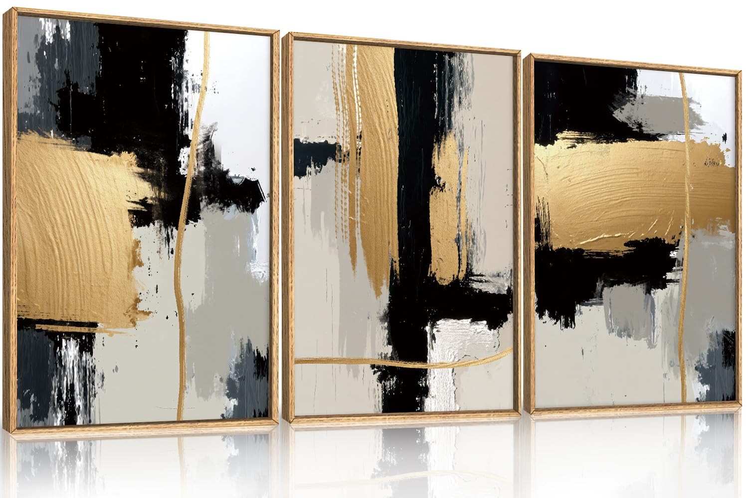 Abstract Black Gold Framed Canvas Wall Art Set,Modern Minimalist Black White …