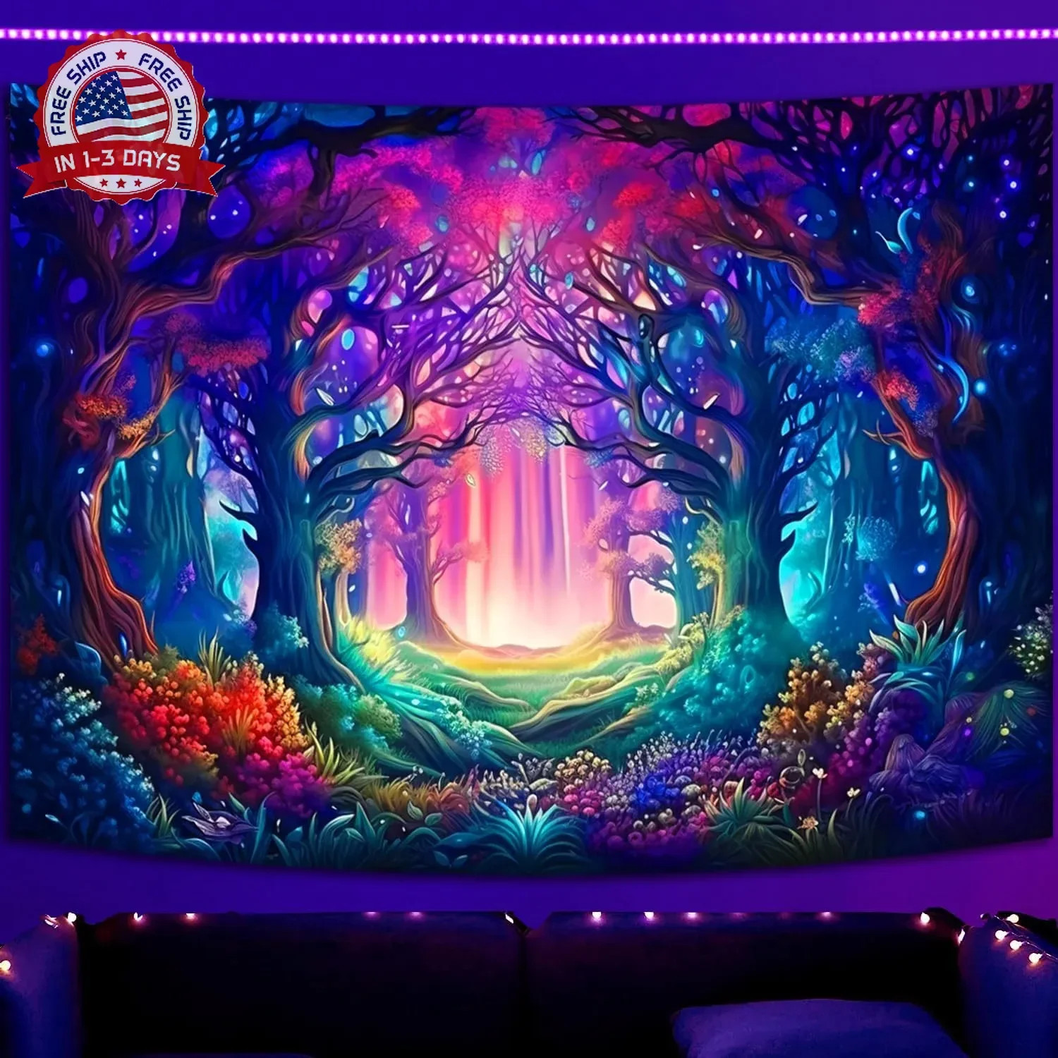 Simpkeely Blacklight Fantasy Forest Tapestry, UV Reactive Nature Magical Tree Gl