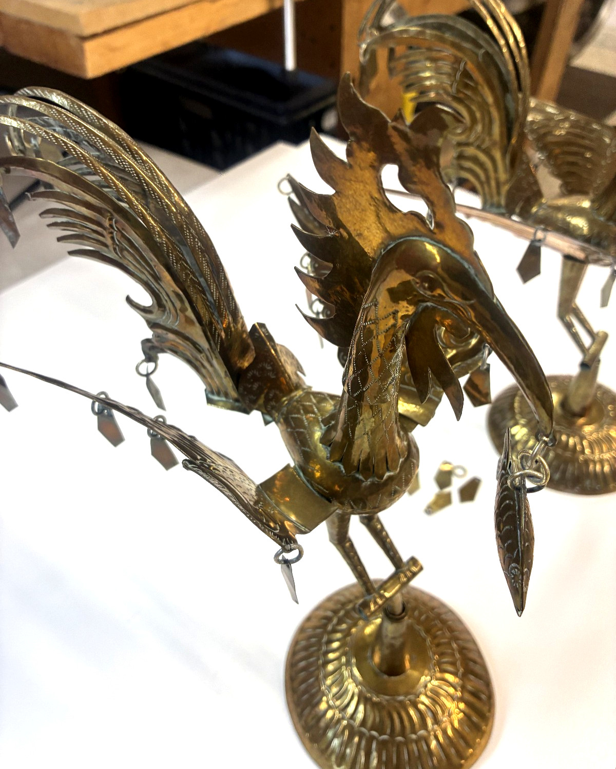 Unusual Set of 2 Identical Asian Brass Bird Statues 6 Pieces Each – 11.5″