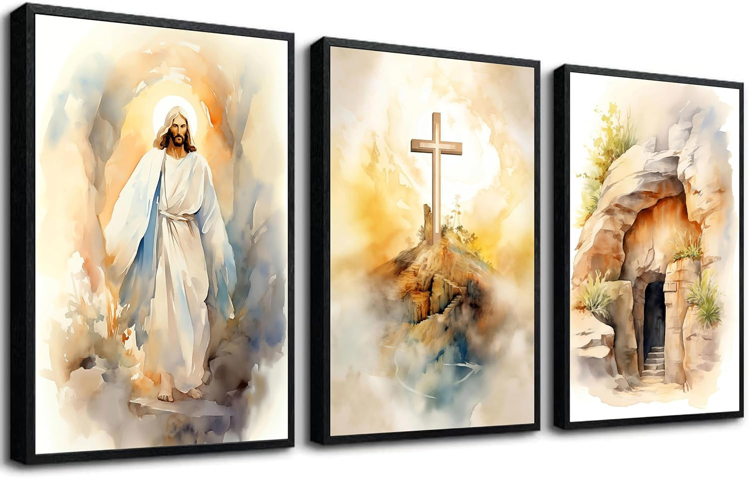 3Pcs Jesus Canvas Wall Art Bible Stories Wall Decor God Resurrection Ascension P