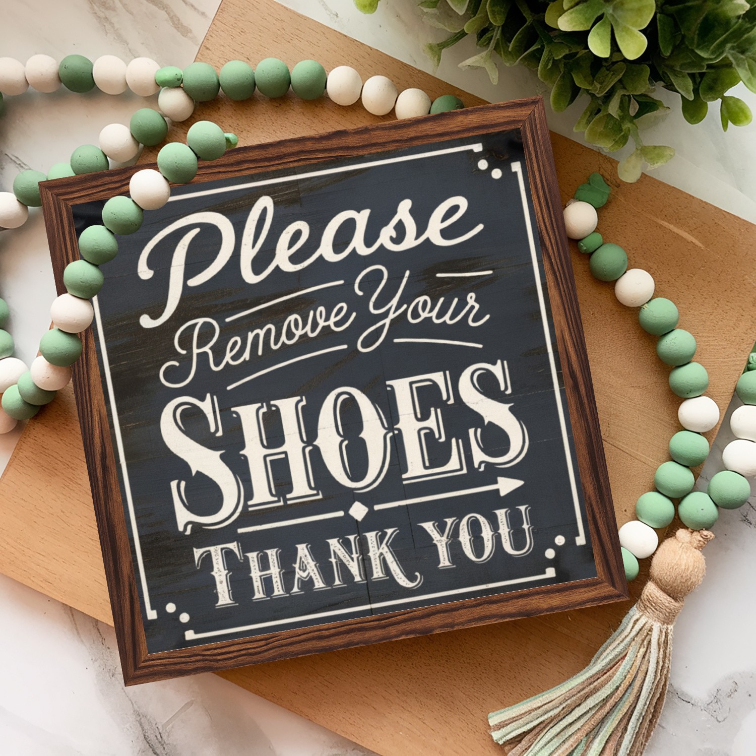 2D Kindly Take Off Your Shoes. Thank You. Wooden Framed Sign for Bathroom Decor