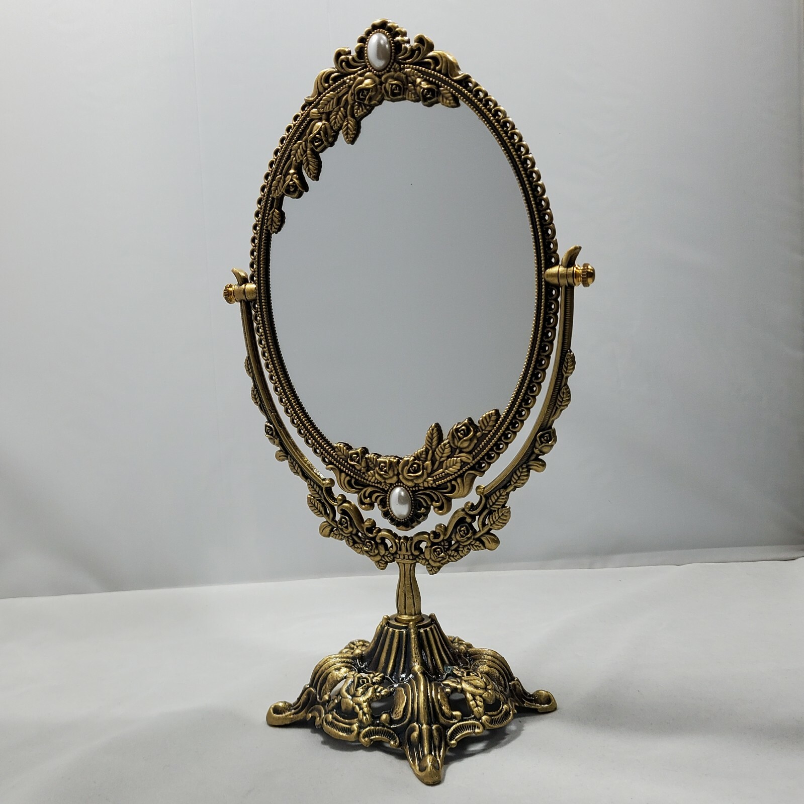 Oval Ornate Freestanding Vanity Mirror Brass Frame Retro Vintage Antique Style