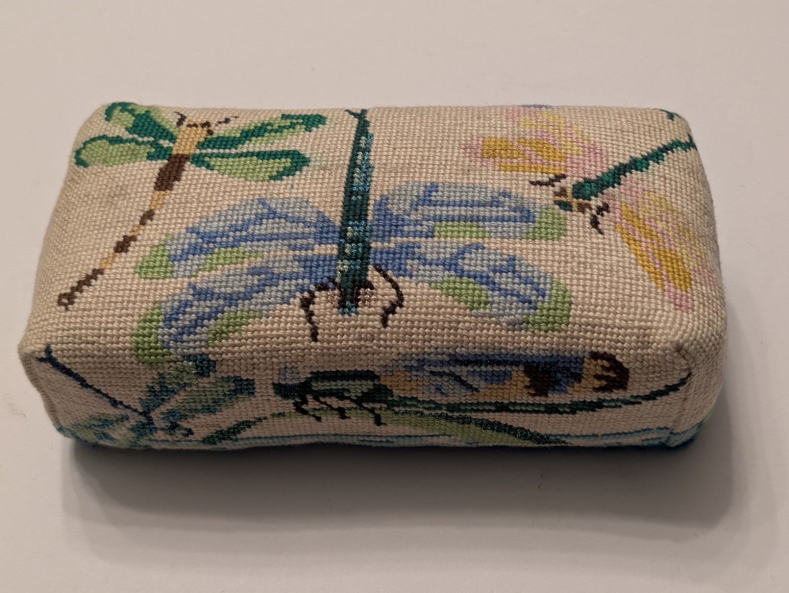 Vintage Handmade Needlepoint Dragonfly Doorstop 4 lb 5 oz Floral Needlepoint 9×4