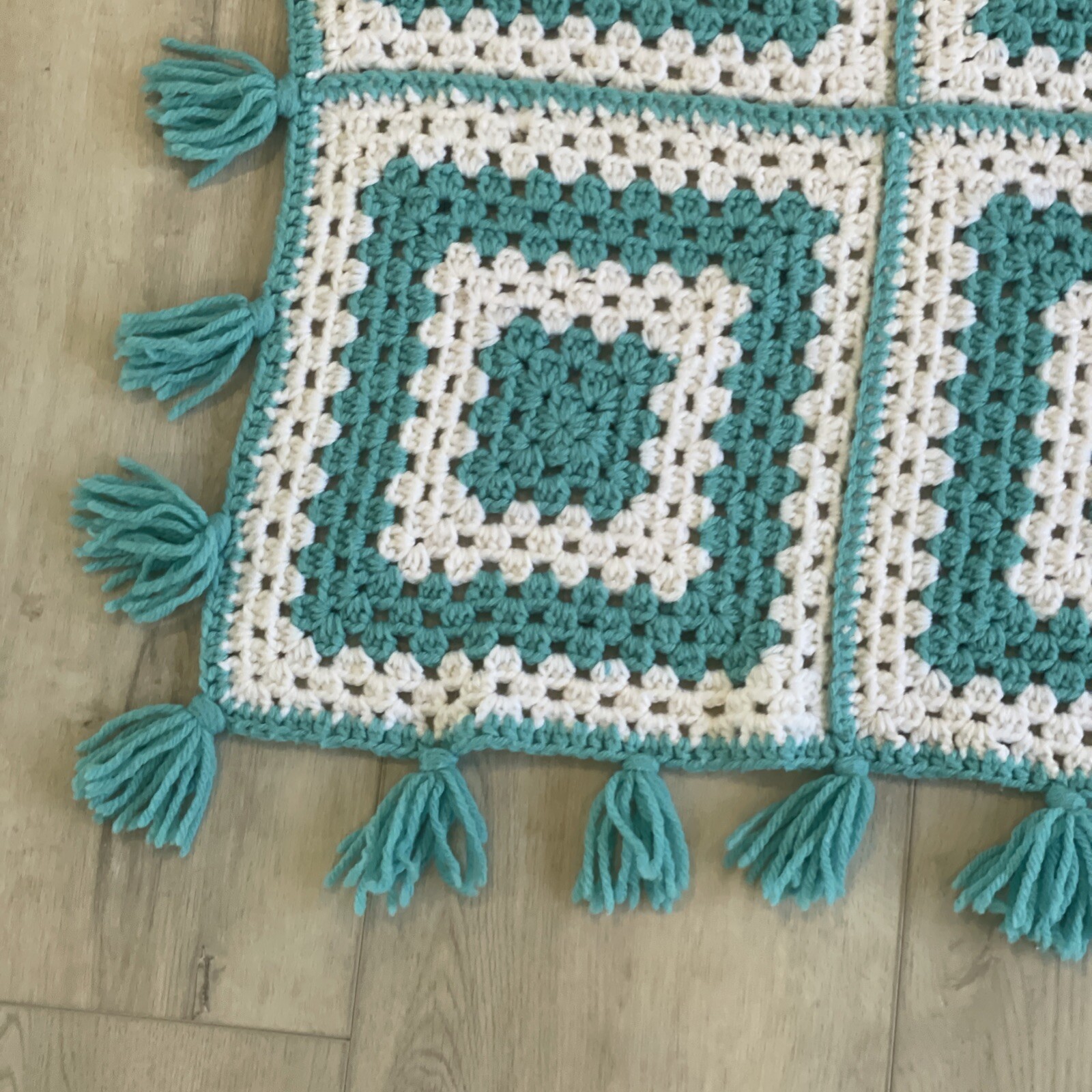 Vintage Blue & White Granny Square Crocheted Afghan Throw Blanket 72×43