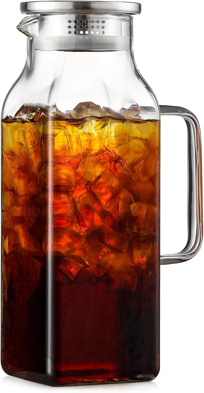 2 Quart (2 Liter 68 oz) Square Glass Pitcher with Lid and Spout, Water Pitchers