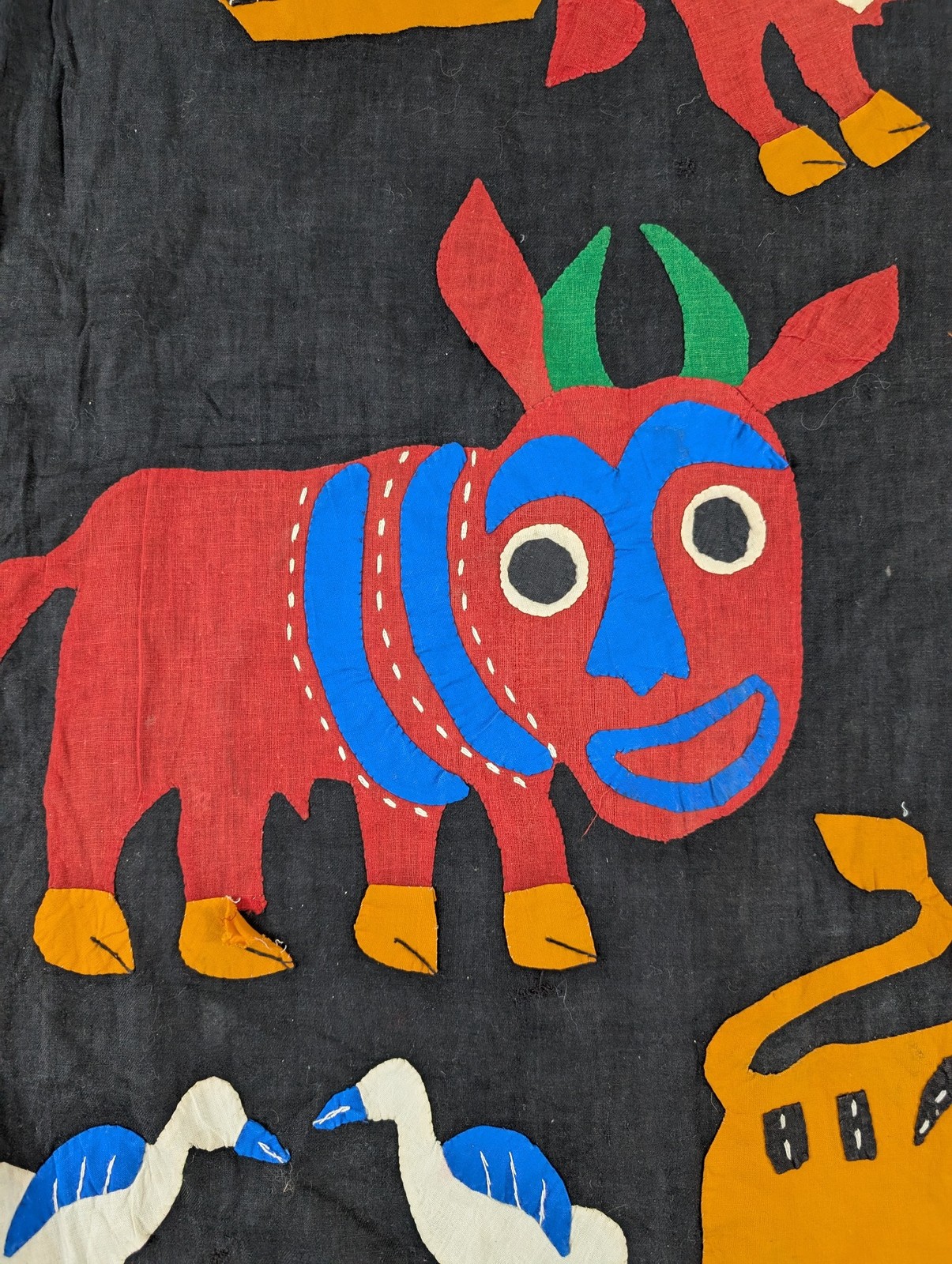 Vintage Beautiful Hand Sewn African Applique Pictorial Tapestry Textile 90x35in