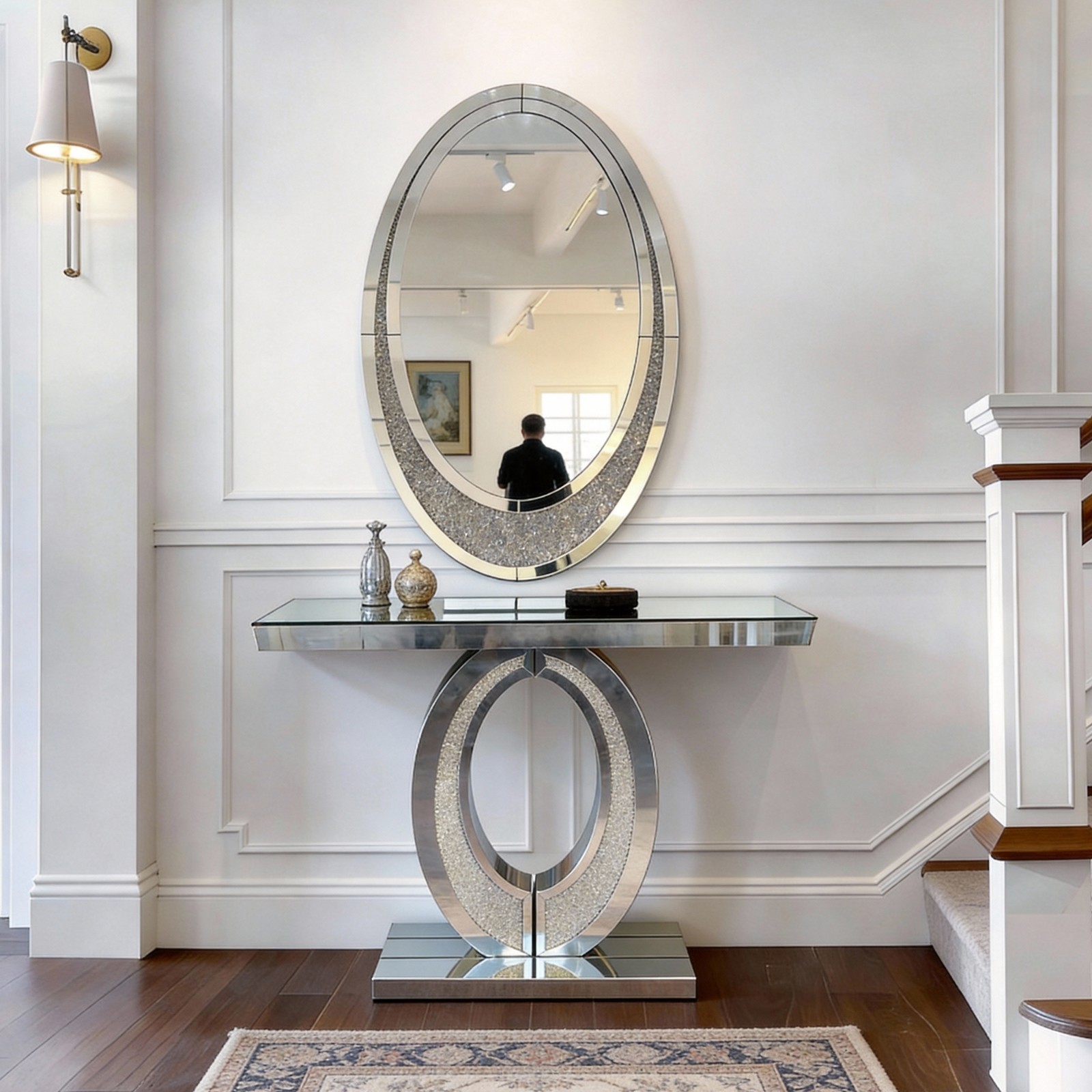 Oval Wall Mirror Crushed Diamond Inlay Sparkly Silver FramelessCrystal Accent