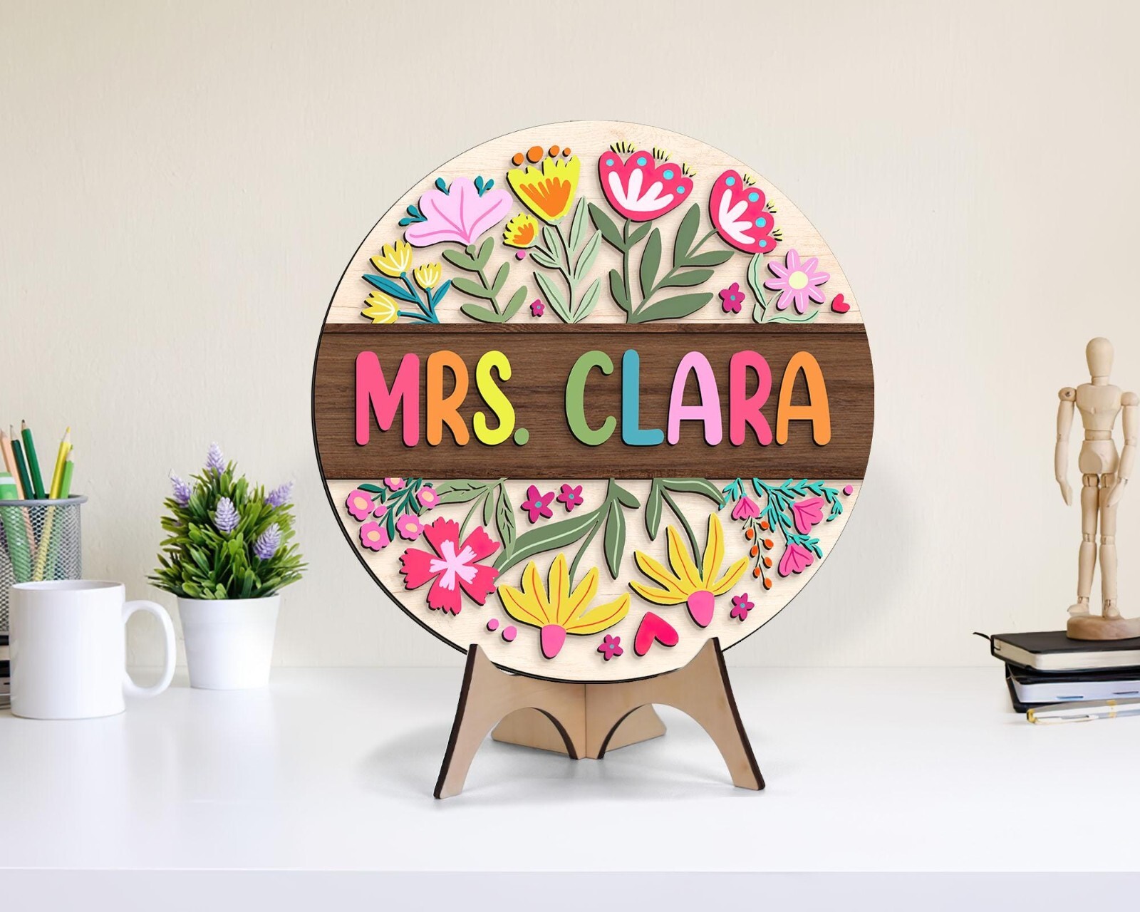 Custom 3D Teacher Door Hanger, Floral Name Sign, Back to School Gift