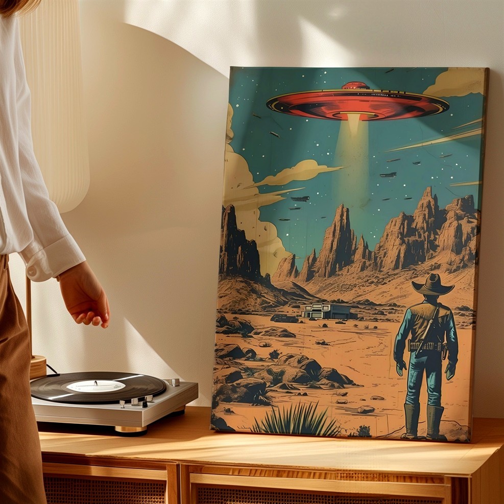 Wall Art Retro Sci Fi Desert Cowboy UFO Spaceship Poster Western Landscape Print