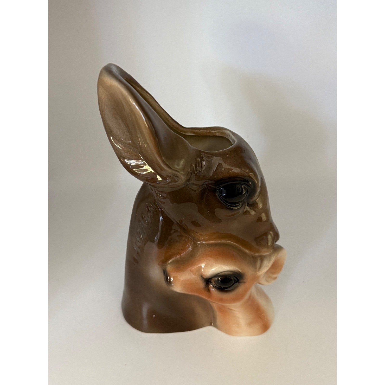 Vintage Style Ceramic Deer and Foe Head Vase Planter Brown Glazed 4Y892 New