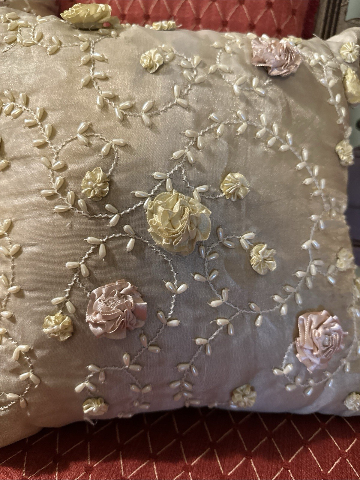 Decorative Embroidered Pillow Set Floral with Pearls Taupe 11×11