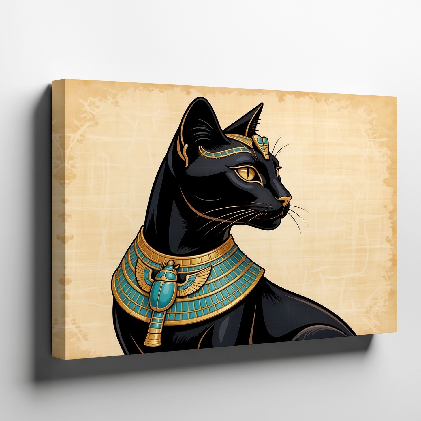 Egyptian Black Cat Canvas Wall Art with Gold and Turquoise Ancient Jewelry Print