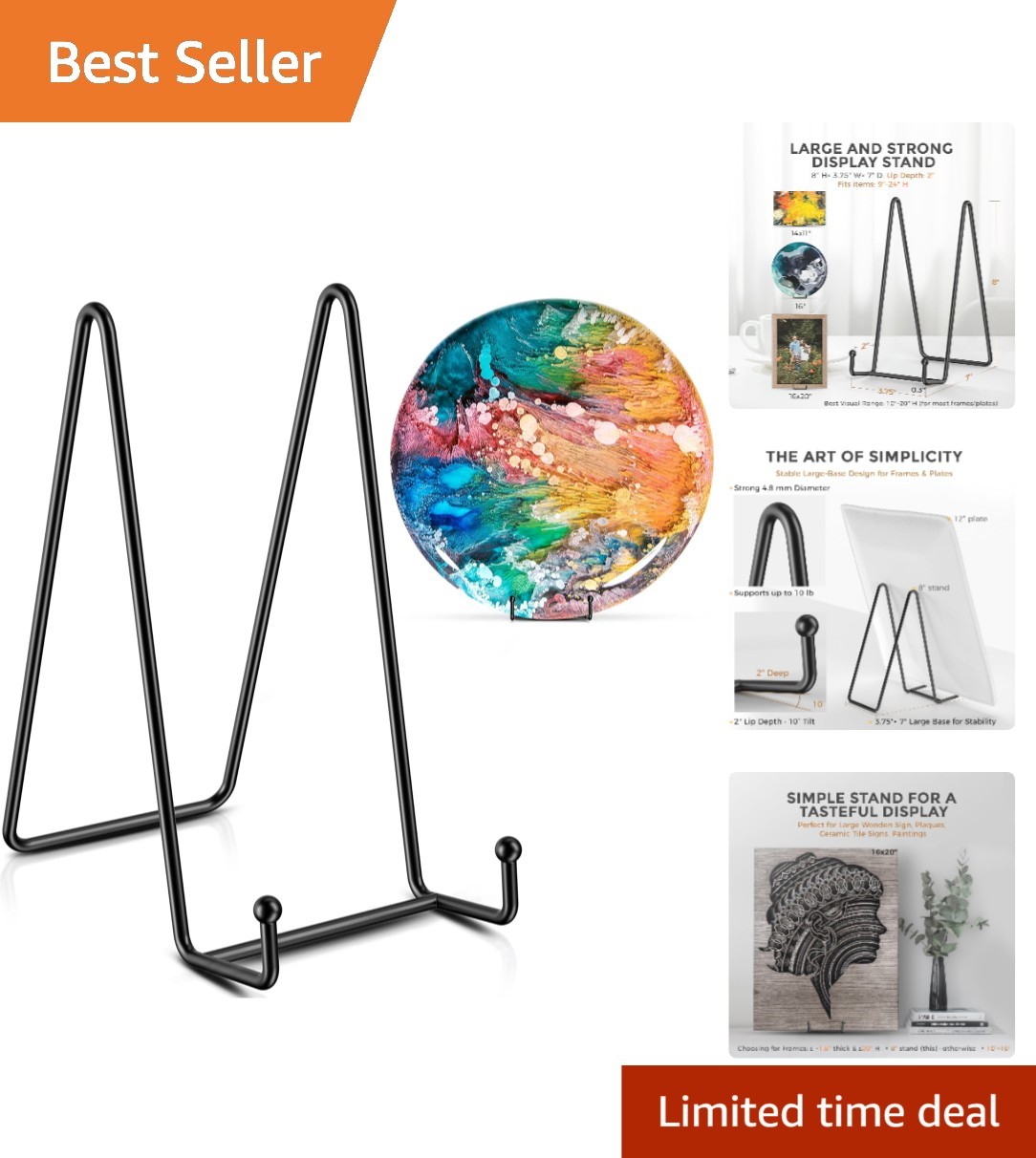 Matte Black Iron Display Stands for Plates and Art 8 Inch 2 Pack