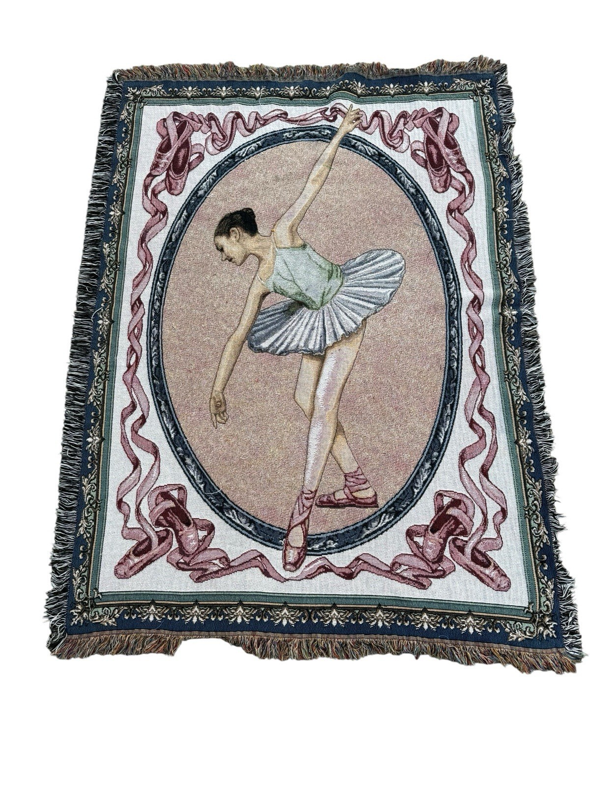 Vintage Ballet Ballerina Fringed Tapestry Throw Blanket 64×47