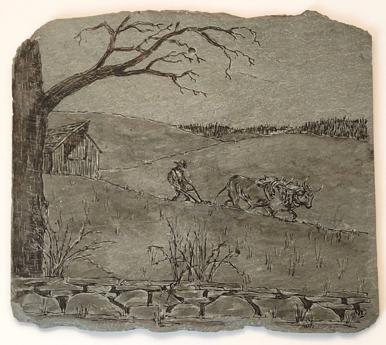 Etched Stone Wall Decor Landscape Countryside Barn Farm Animals Scenic Signed NY