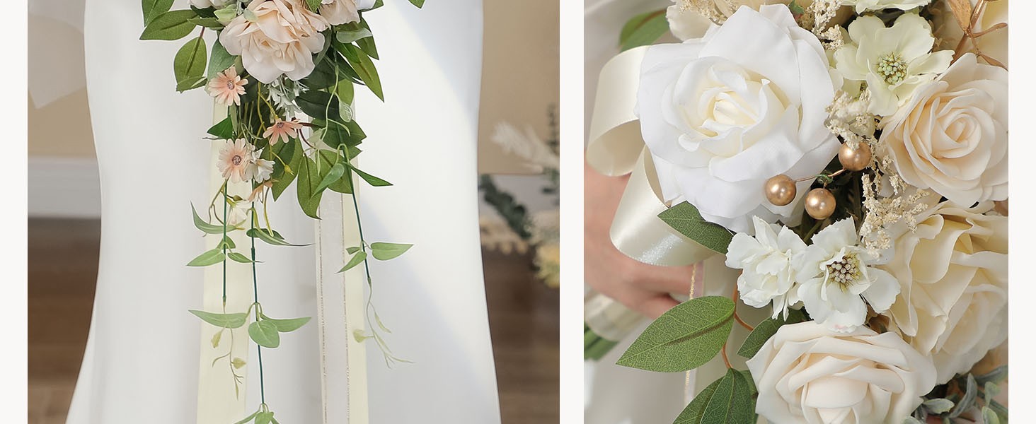 9.8 Inch Wedding Bouquets for Bride Bridesmaid, Champagne Rose Bridal Bouquets