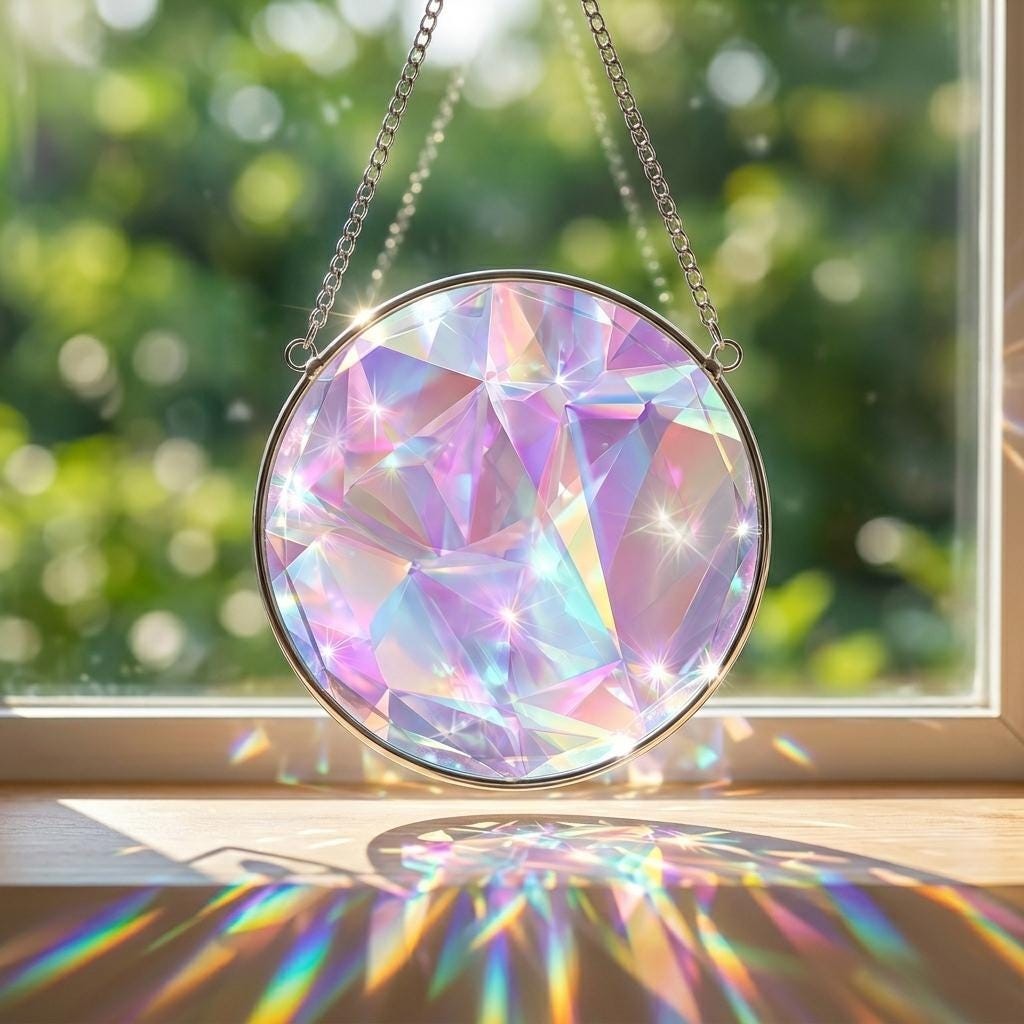 Rainbow Crystal Prism, Holographic Stained Glass Window Hanging,