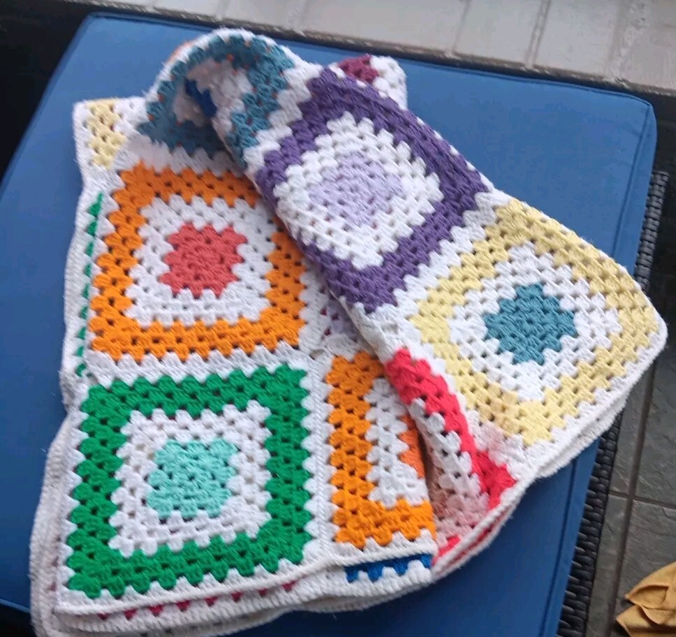 Granny Square Crochet Afghan Throw Blanket White Multi Color 62×50″ Handmade Vtg