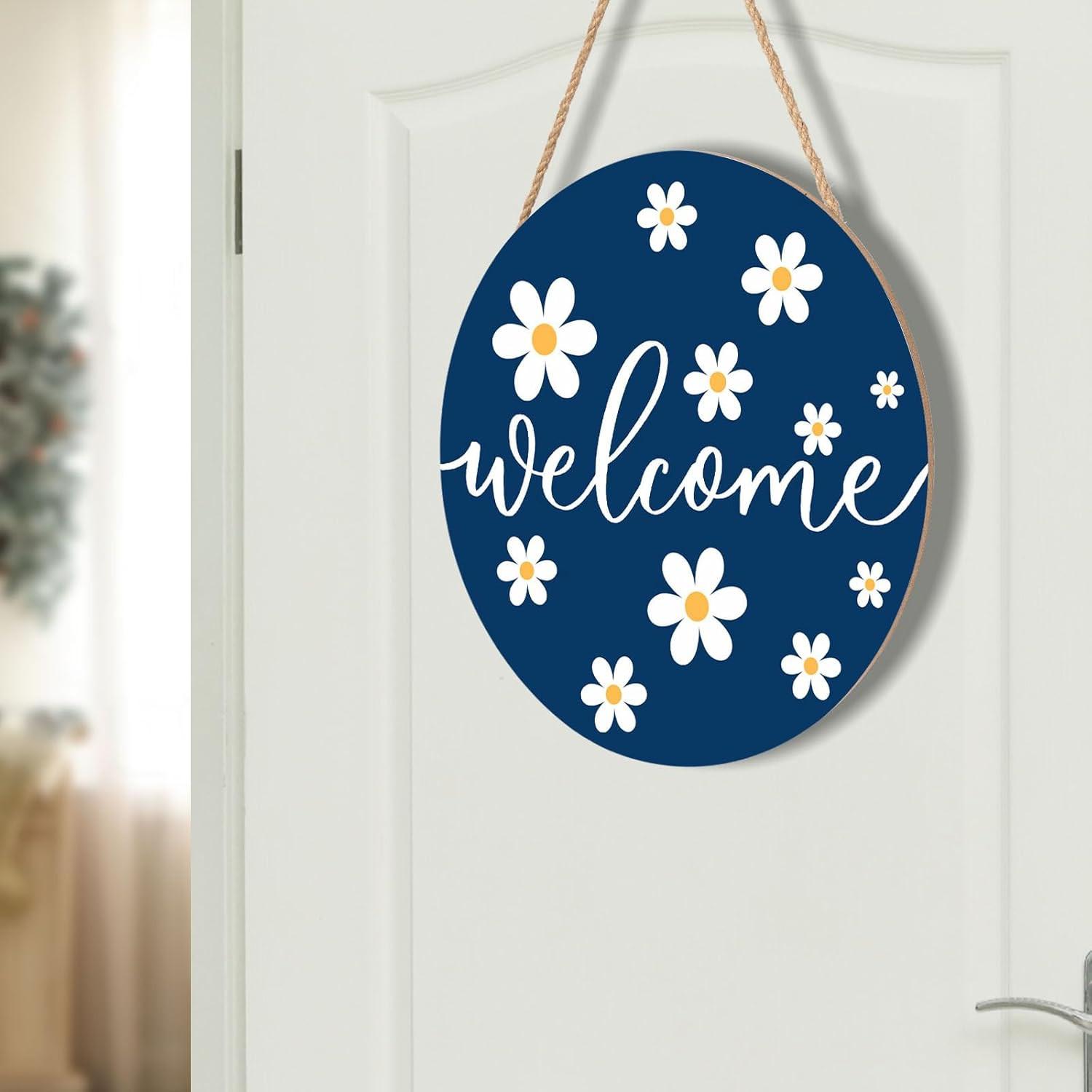 Spring White Daisy Flower Door Sign for Front Door Decor,Daisy Welcome Blue Wood
