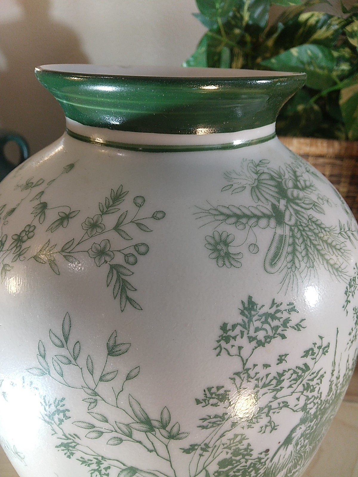 Large Porcelain White/Green Rooster-Greenery Decorative Vases Lot Of 2 Unbranded